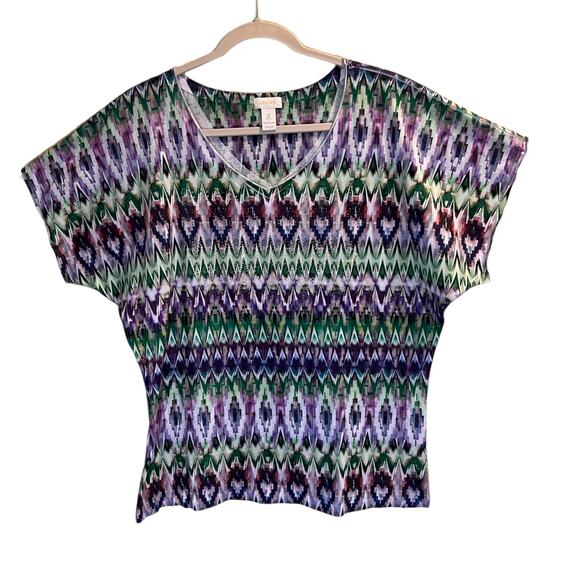 Chico's Women's Multicolor Geometric V- Neck Short Sleeve Blouse Tops Size 2 - Picture 10 of 13